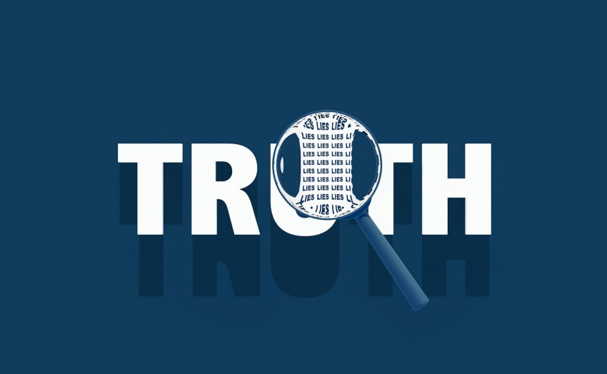 'TRUTH' with magnifying glass showing smaller 'LIES' within