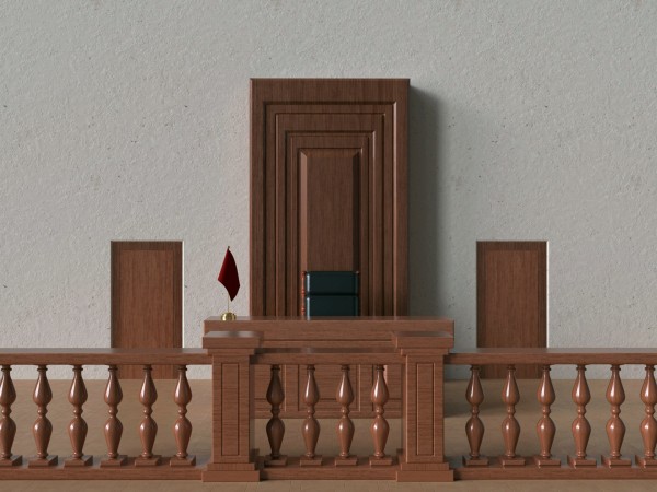 Courtroom with large, wooden judge's chambers