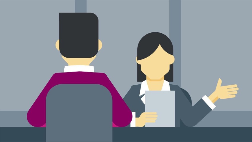 Animated interviewer and employee at desk in gray office